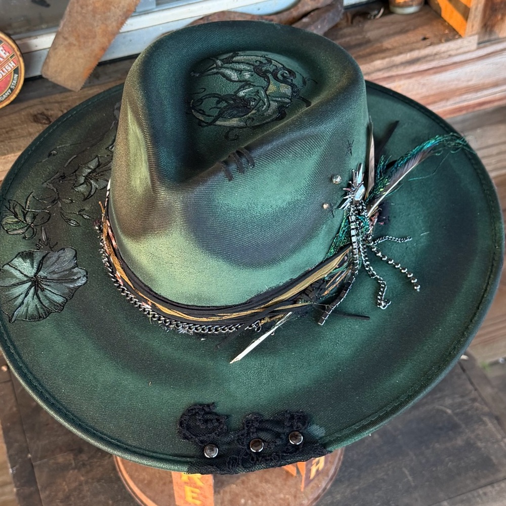 Gorgeous green western boho festival cowboy hat. Handmade